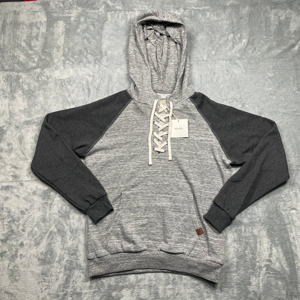 Doublju Hoodie Women Small Gray Lace Up Raglan Sleeve Heathered Sweatshirt NWT